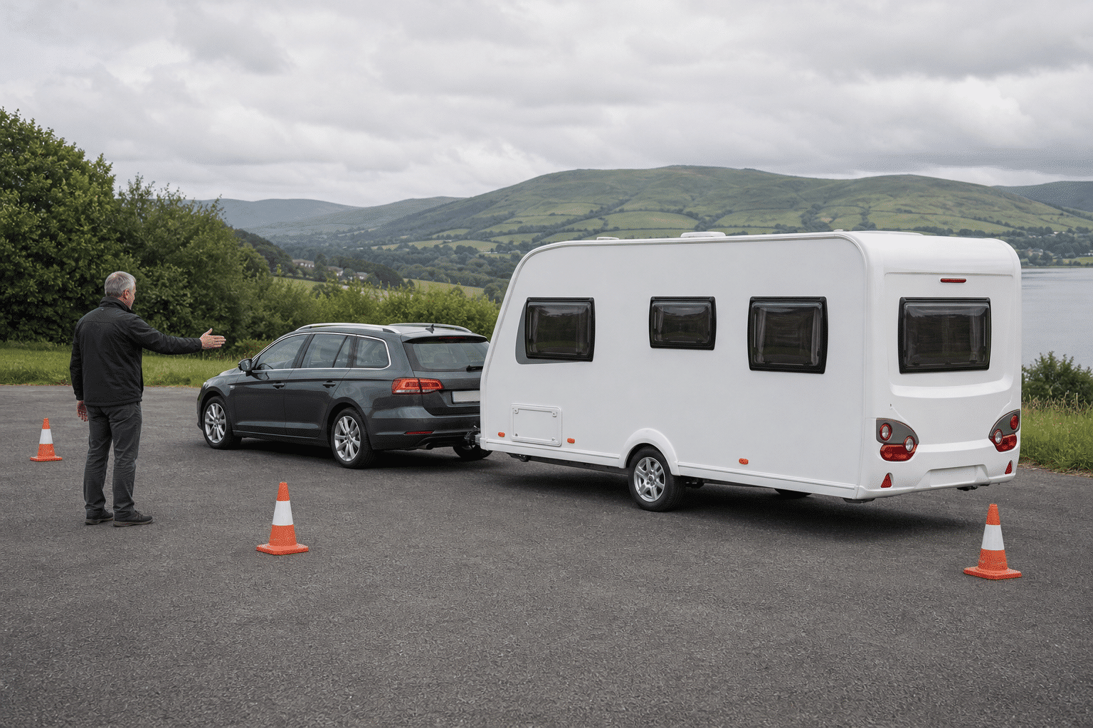 Caravan towing and manoeuvring training with cones