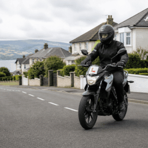 Category A1 motorcycle training on a UK residential road