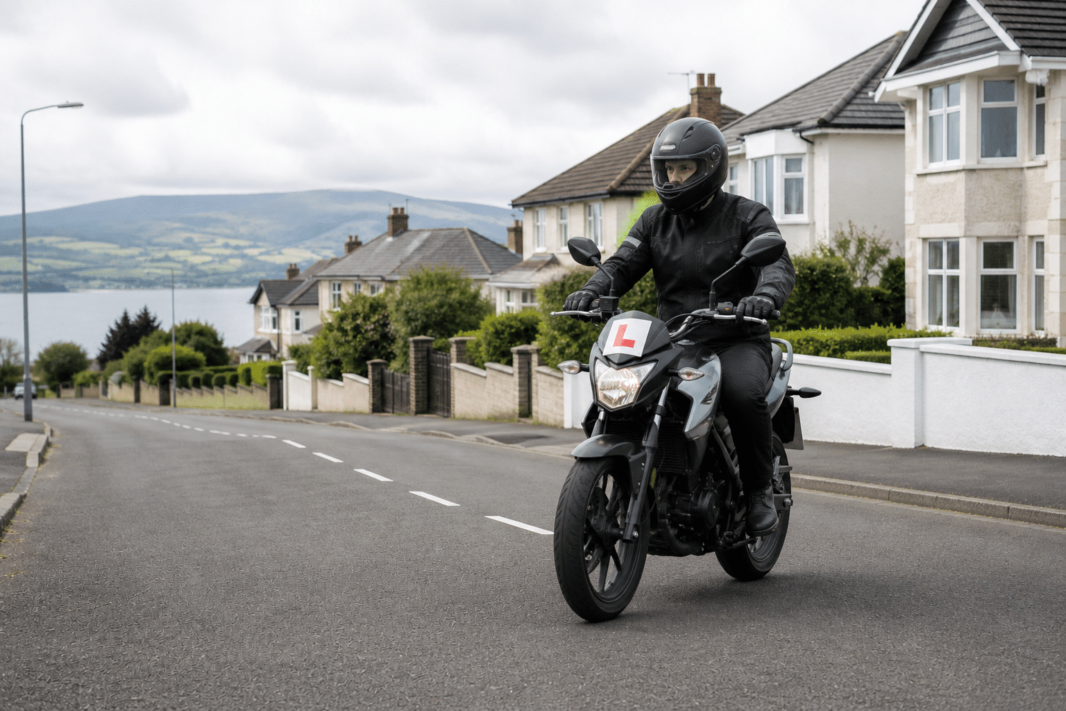 Category A1 motorcycle training on a UK residential road
