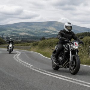 Category A2 motorcycle training on a country road