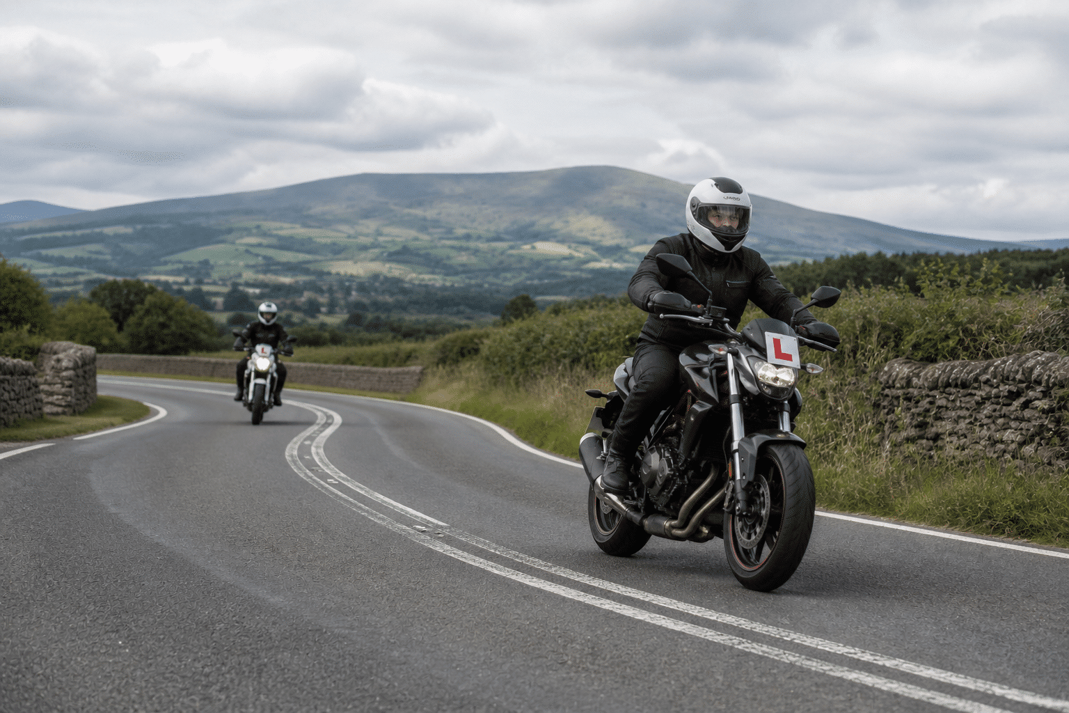 Category A2 motorcycle training on a country road